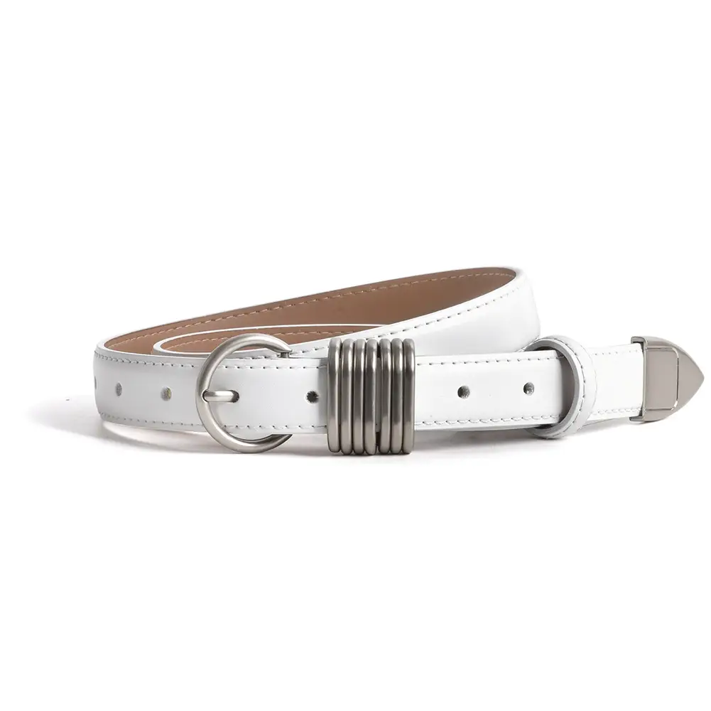 White Genuine Leather Women's Belt with Silver Buckle - Image 7