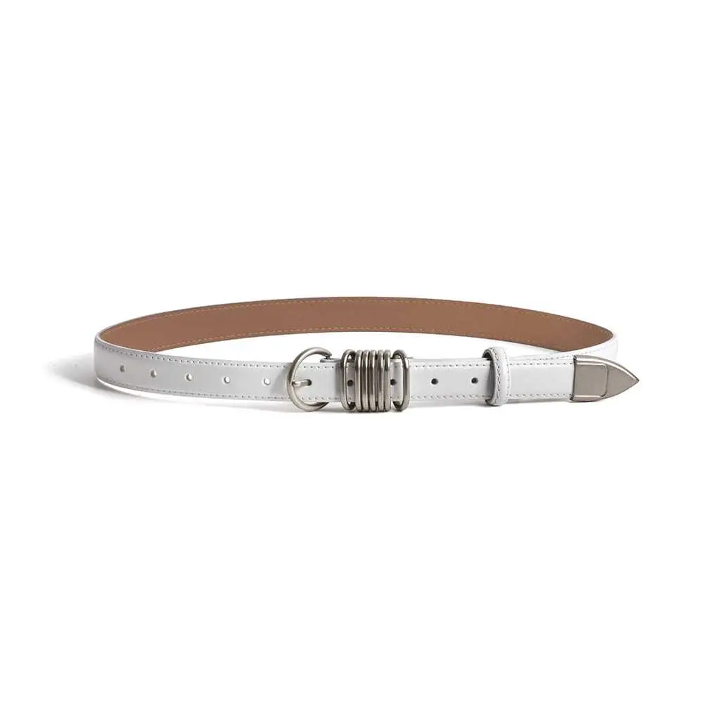 White Genuine Leather Women's Belt with Silver Buckle - Image 9