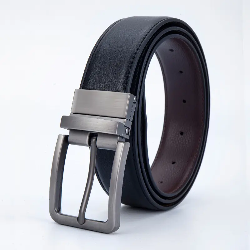 Men's Black Rotating Pin Buckle Belt Soft Leather Reversible - Image 8