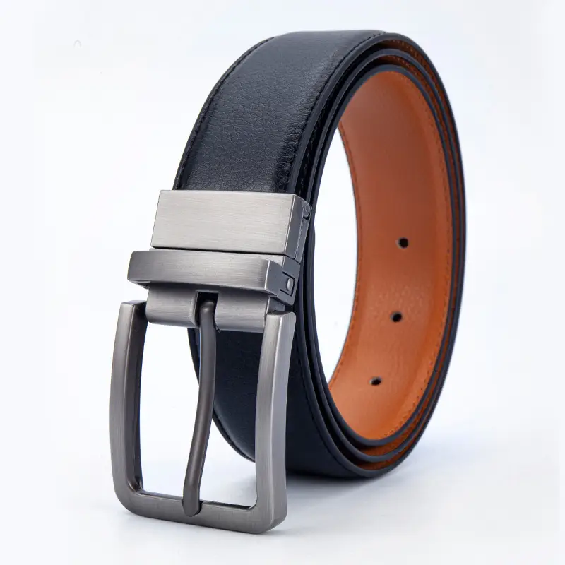 Men's Black Rotating Pin Buckle Belt Soft Leather Reversible - Image 9