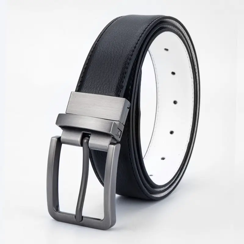 Men's Black Rotating Pin Buckle Belt Soft Leather Reversible - Image 10