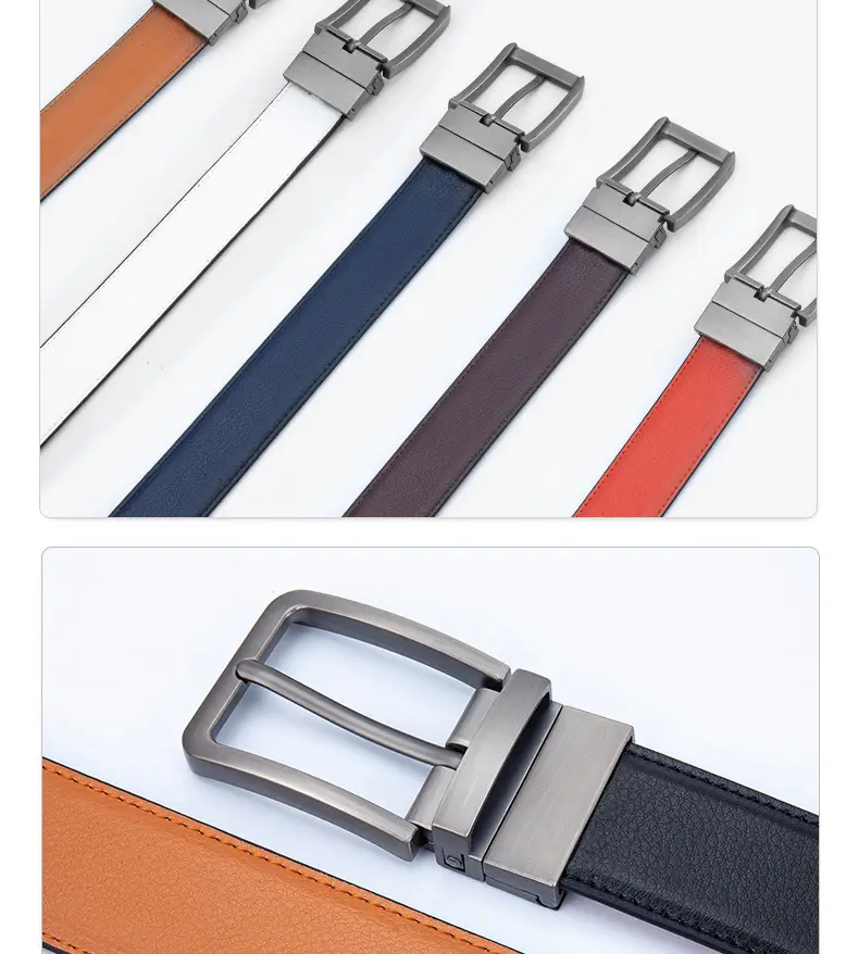 Men's Black Rotating Pin Buckle Belt Soft Leather Reversible — feature 12