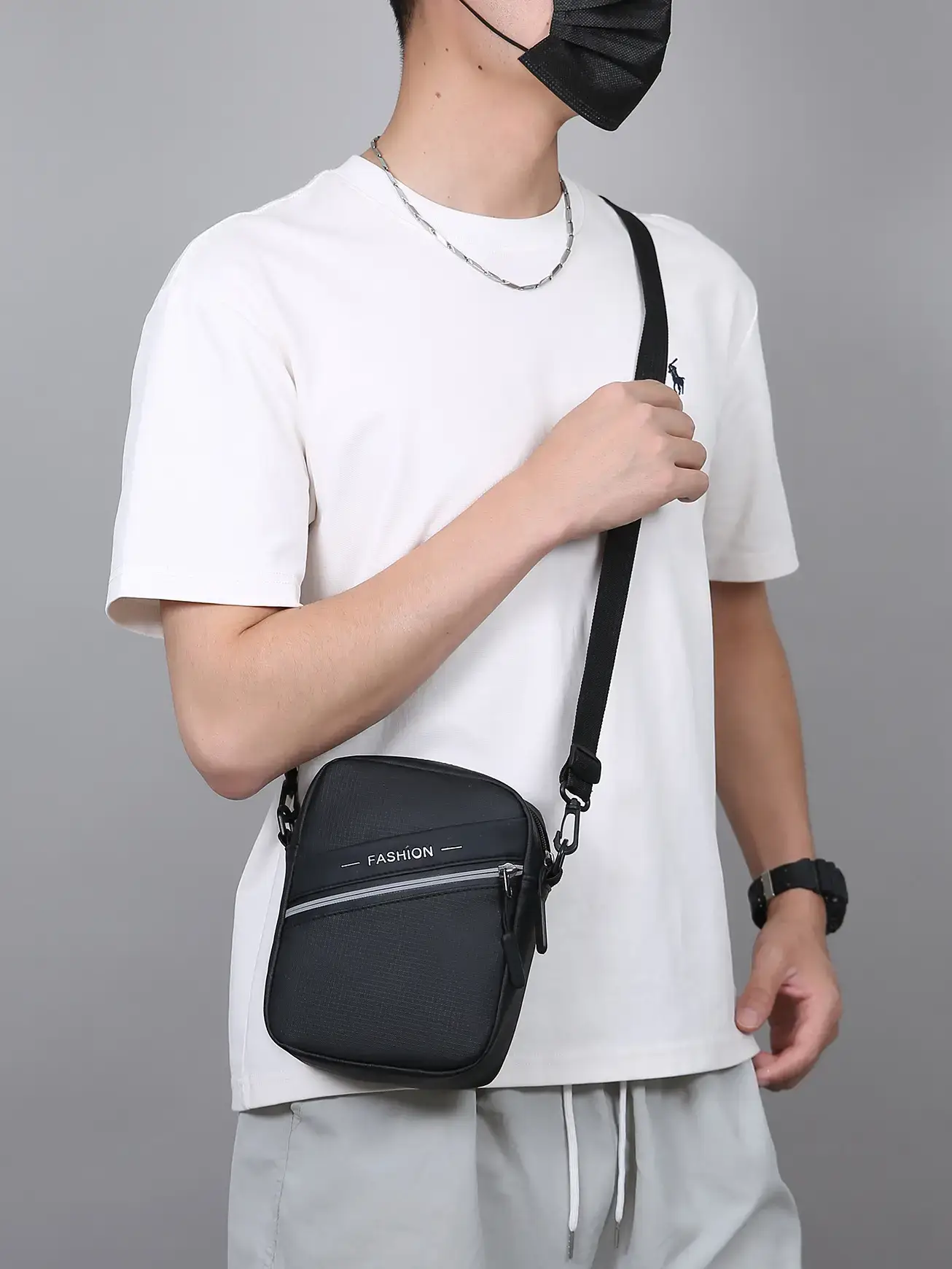 Men's Lightweight Crossbody Bag Black Multi Compartment - Image 8