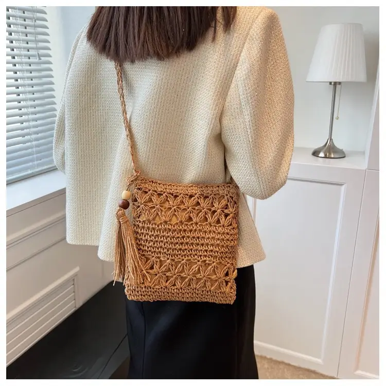 Tassel Crossbody Bag Straw Handwoven Bag Brown - Image 2