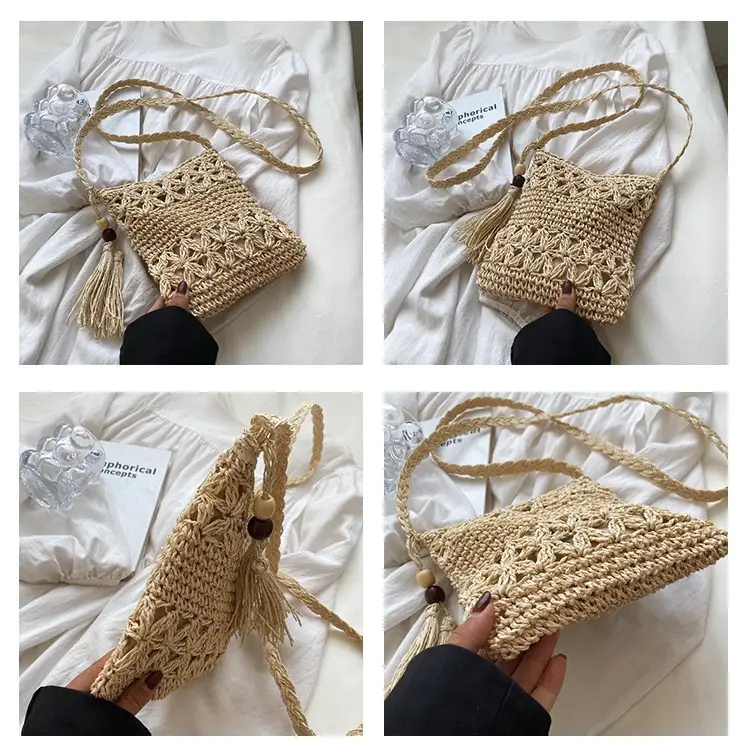 Tassel Crossbody Bag Straw Handwoven Bag Brown - Image 4