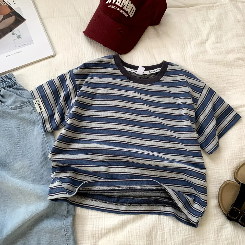 2025 Boys Striped T-Shirt Blue White Loose Casual - Image 3