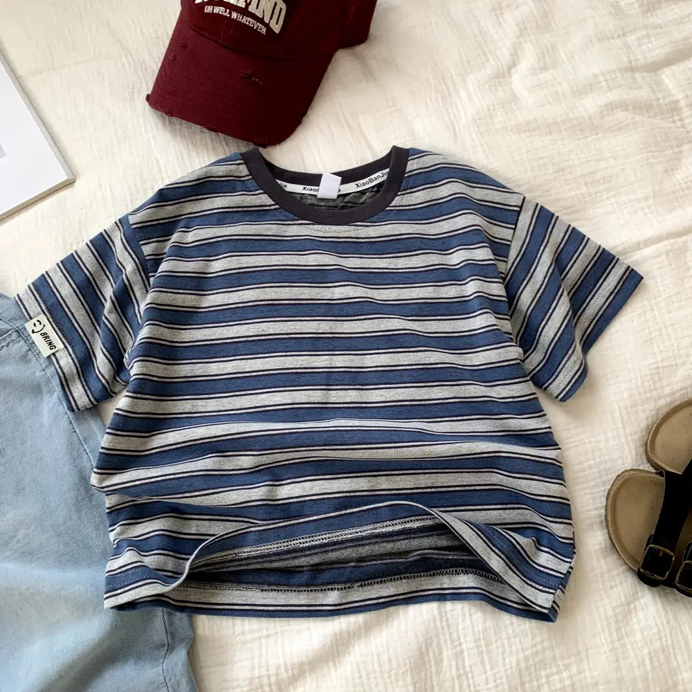2025 Boys Striped T-Shirt Blue White Loose Casual — feature 2
