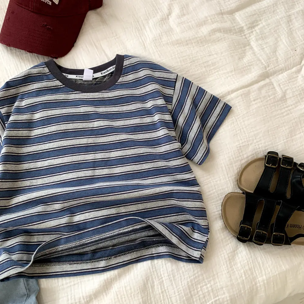 2025 Boys Striped T-Shirt Blue White Loose Casual — feature 3