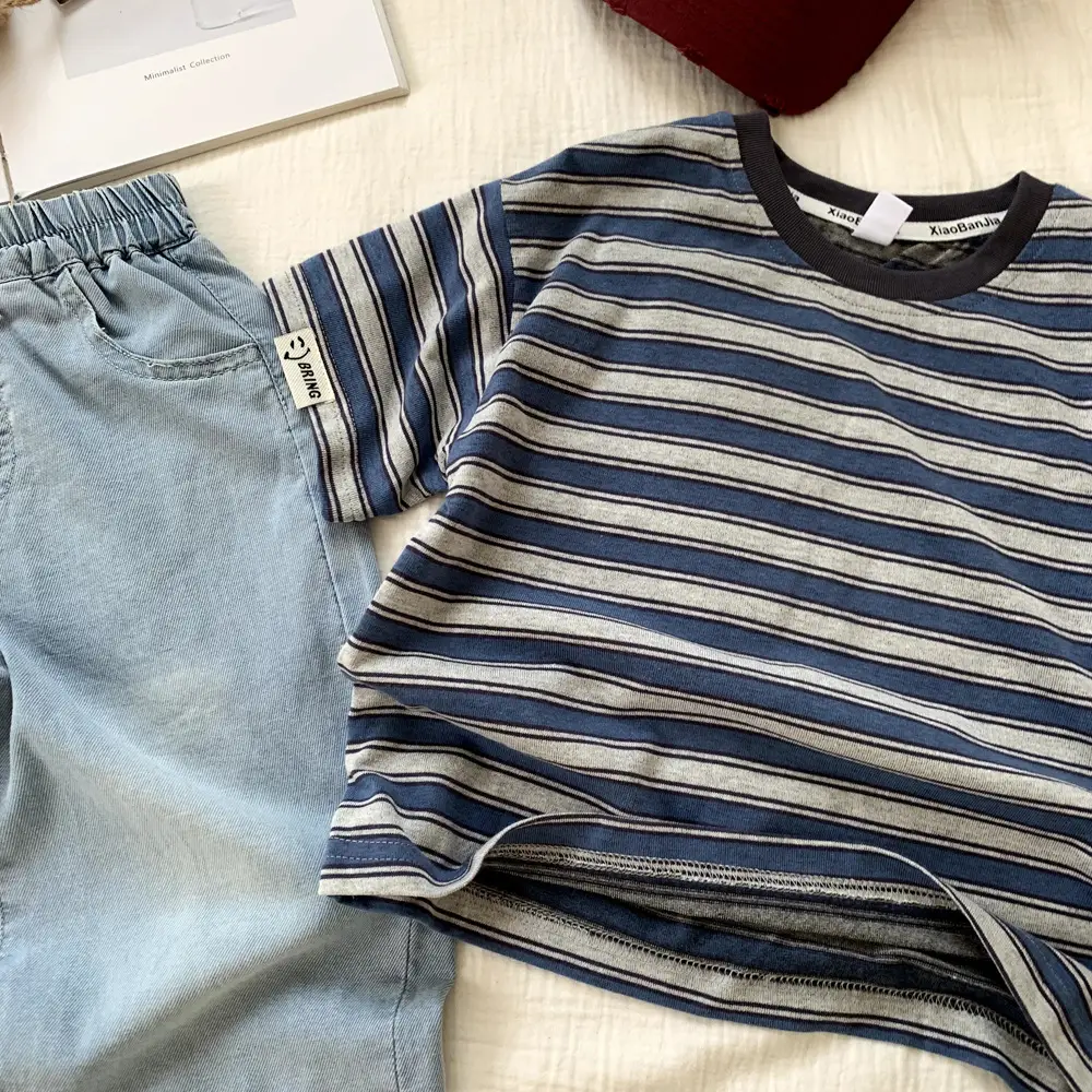 2025 Boys Striped T-Shirt Blue White Loose Casual — feature 7