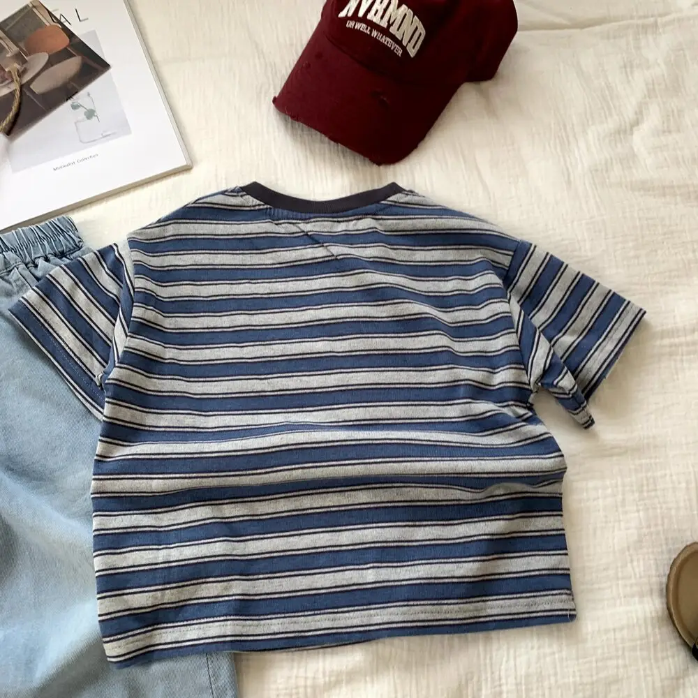 2025 Boys Striped T-Shirt Blue White Loose Casual — feature 8
