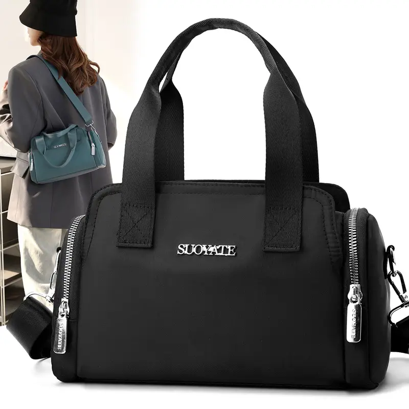 Women's Black Nylon Shoulder Bag with Zip Pockets - Image 10