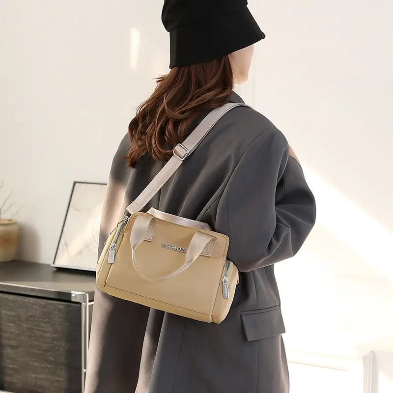 Women's Black Nylon Shoulder Bag with Zip Pockets - Image 11
