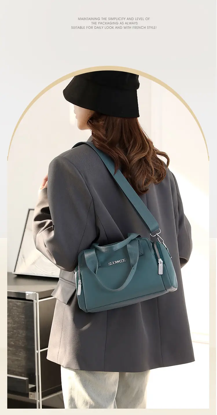 Women's Black Nylon Shoulder Bag with Zip Pockets — feature 4