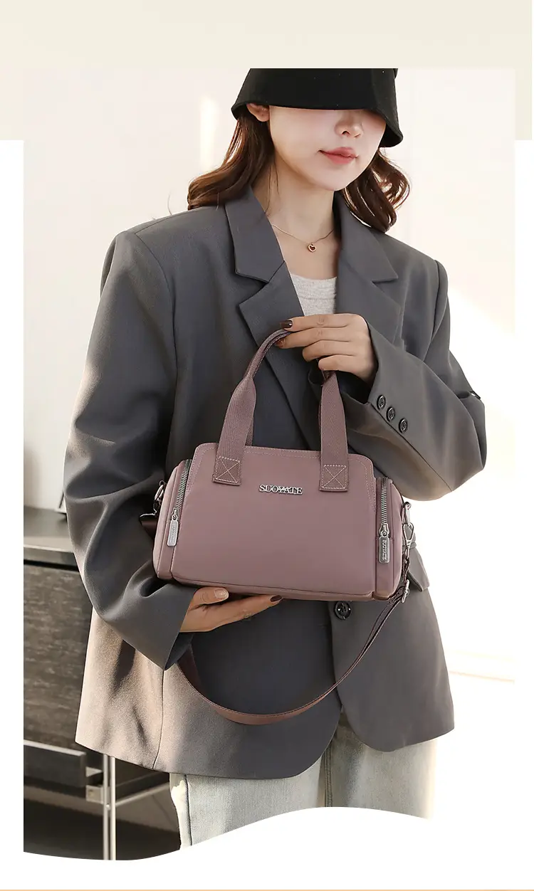 Women's Black Nylon Shoulder Bag with Zip Pockets — feature 5