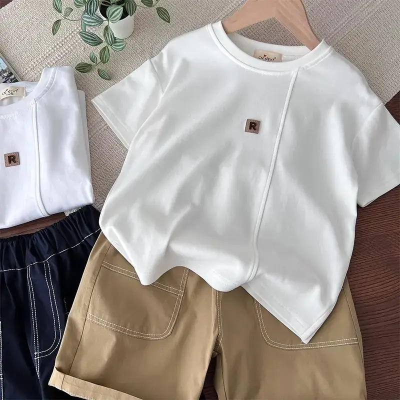 Children's Navy Blue Casual Shorts Set with White Stitching