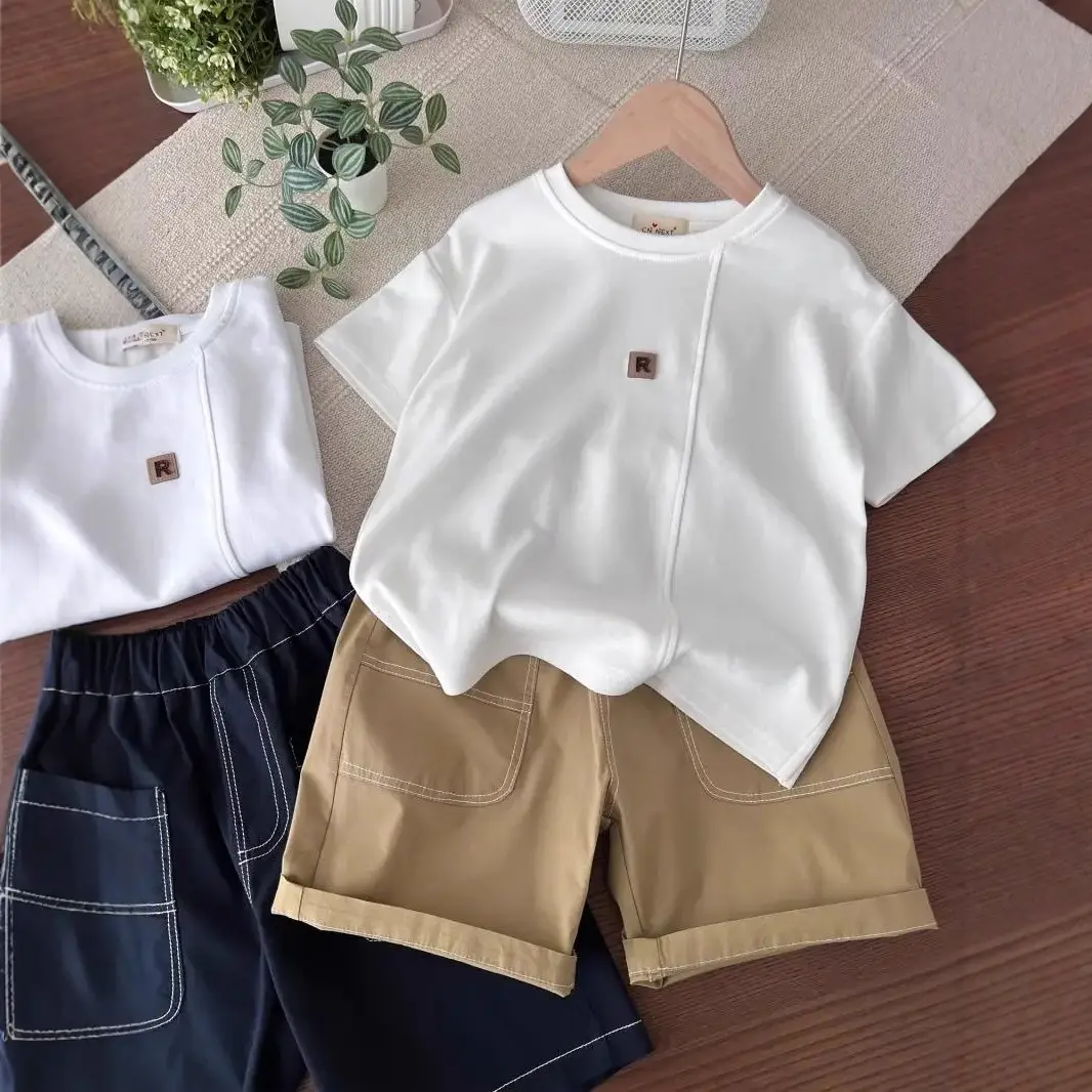 Children's Navy Blue Casual Shorts Set with White Stitching