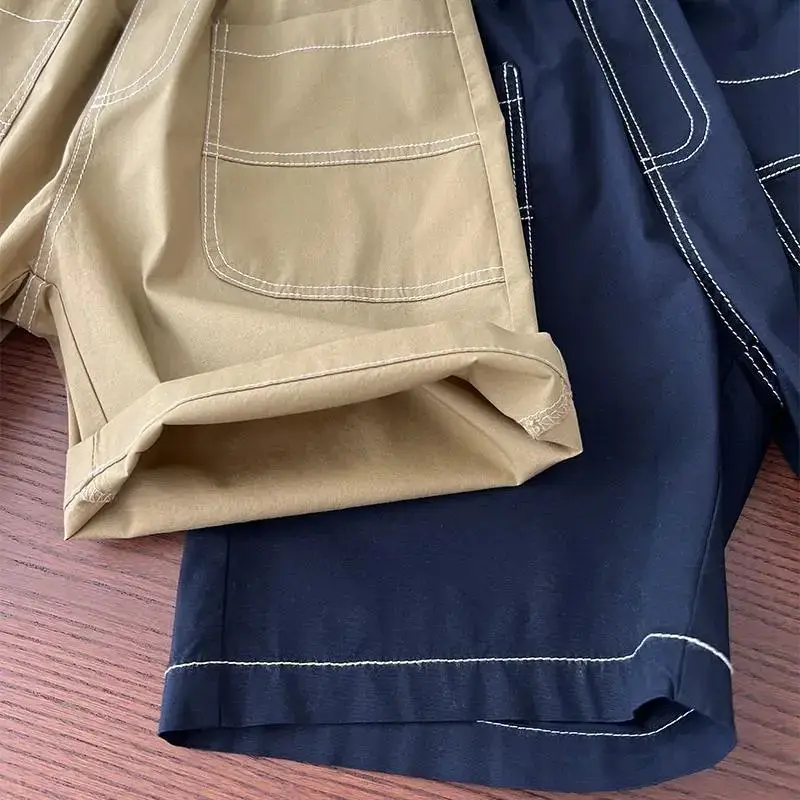 Children's Navy Blue Casual Shorts Set with White Stitching