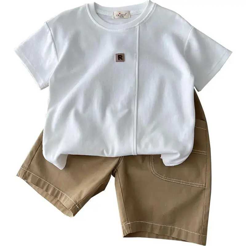 Children's Navy Blue Casual Shorts Set with White Stitching