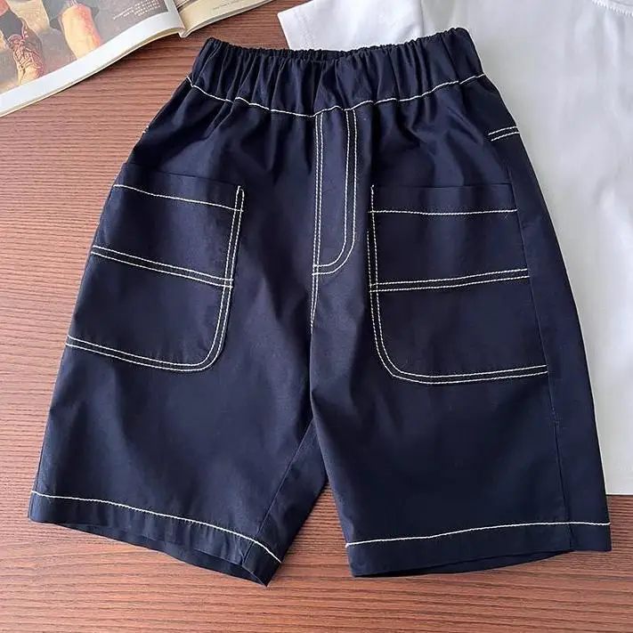 Children's Navy Blue Casual Shorts Set with White Stitching