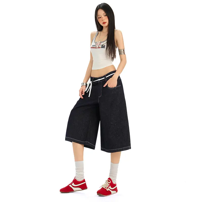 Women Retro Dark Blue Wide Leg Jeans with Hip Cover