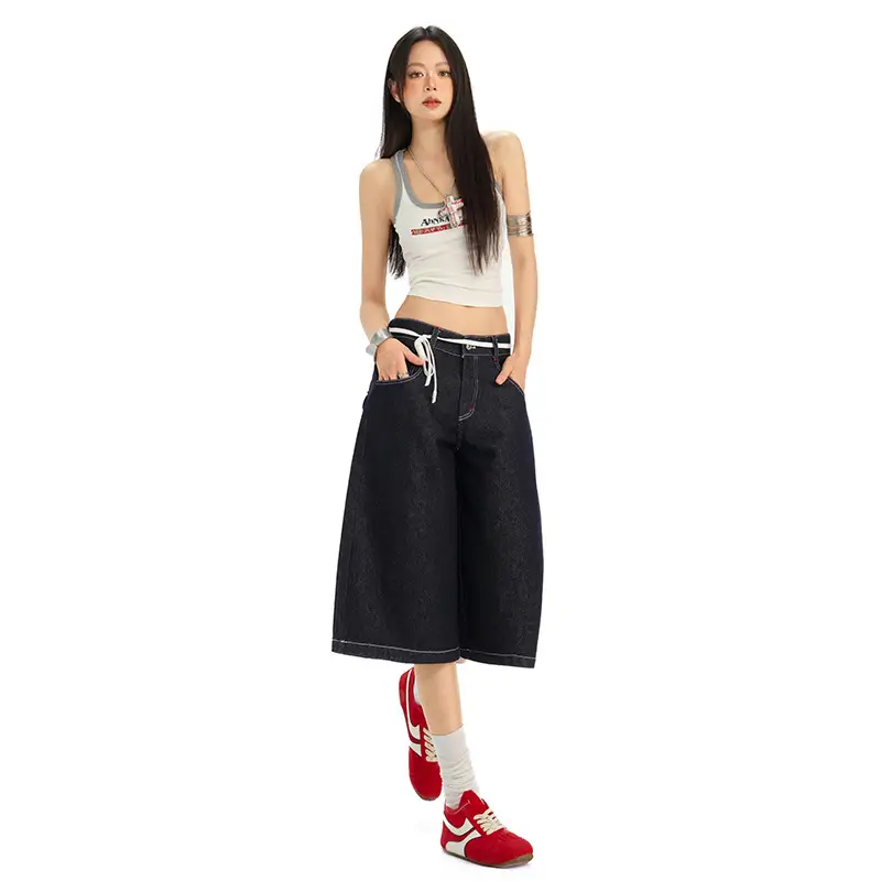 Women Retro Dark Blue Wide Leg Jeans with Hip Cover