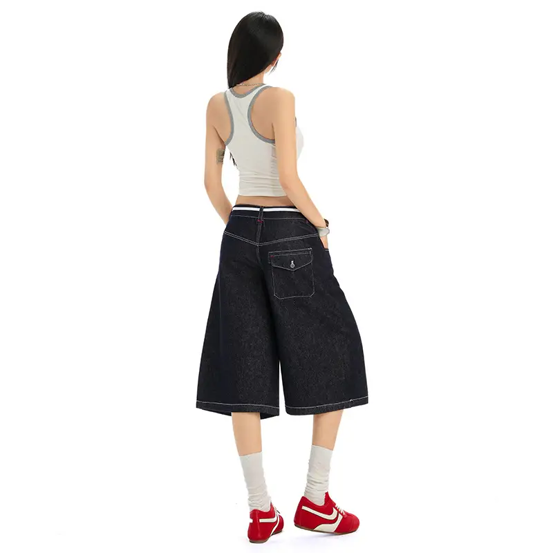 Women Retro Dark Blue Wide Leg Jeans with Hip Cover