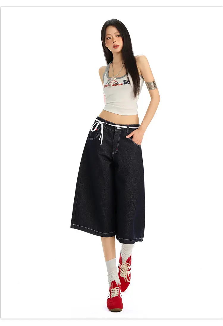 Women Retro Dark Blue Wide Leg Jeans with Hip Cover — feature 10