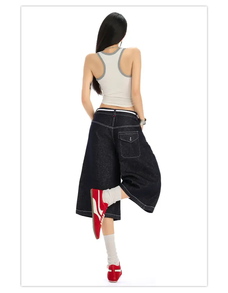 Women Retro Dark Blue Wide Leg Jeans with Hip Cover — feature 11