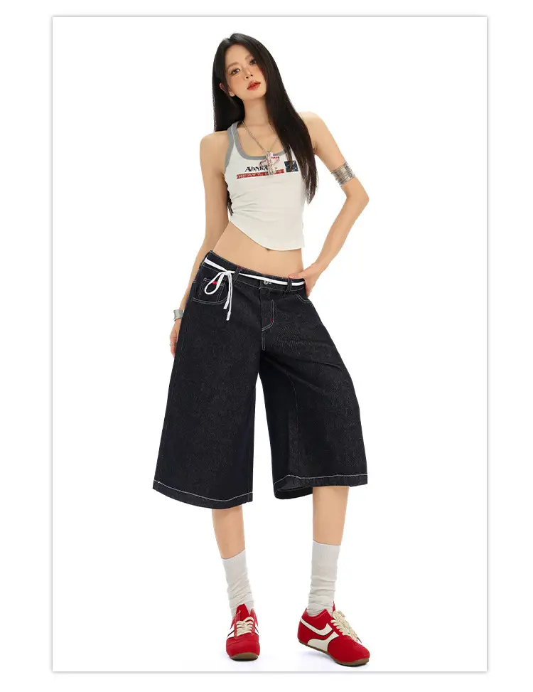 Women Retro Dark Blue Wide Leg Jeans with Hip Cover — feature 12