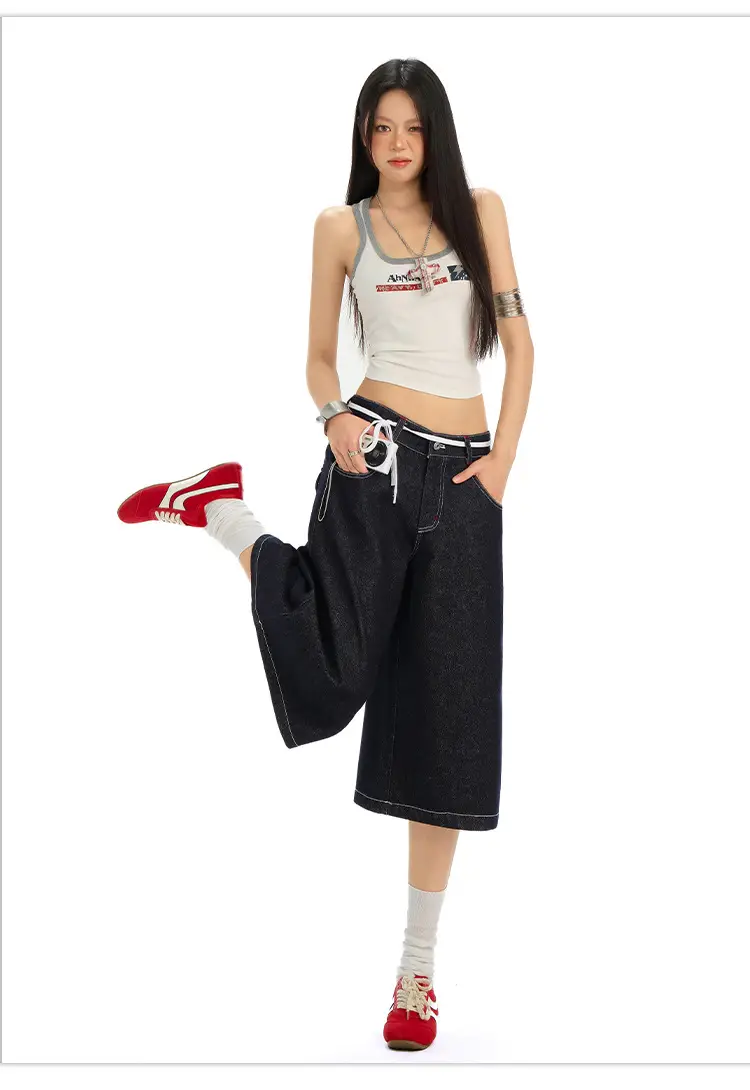 Women Retro Dark Blue Wide Leg Jeans with Hip Cover — feature 13
