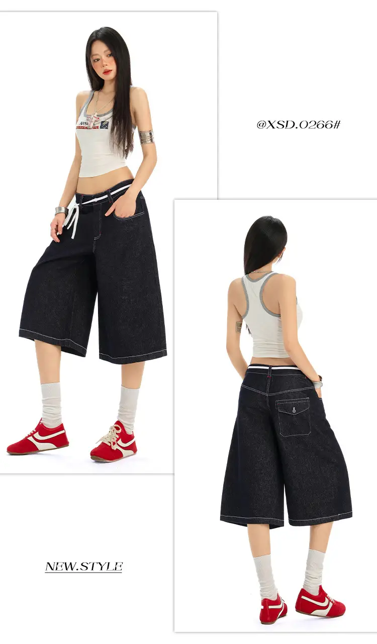 Women Retro Dark Blue Wide Leg Jeans with Hip Cover — feature 14