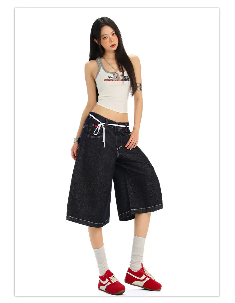 Women Retro Dark Blue Wide Leg Jeans with Hip Cover — feature 15
