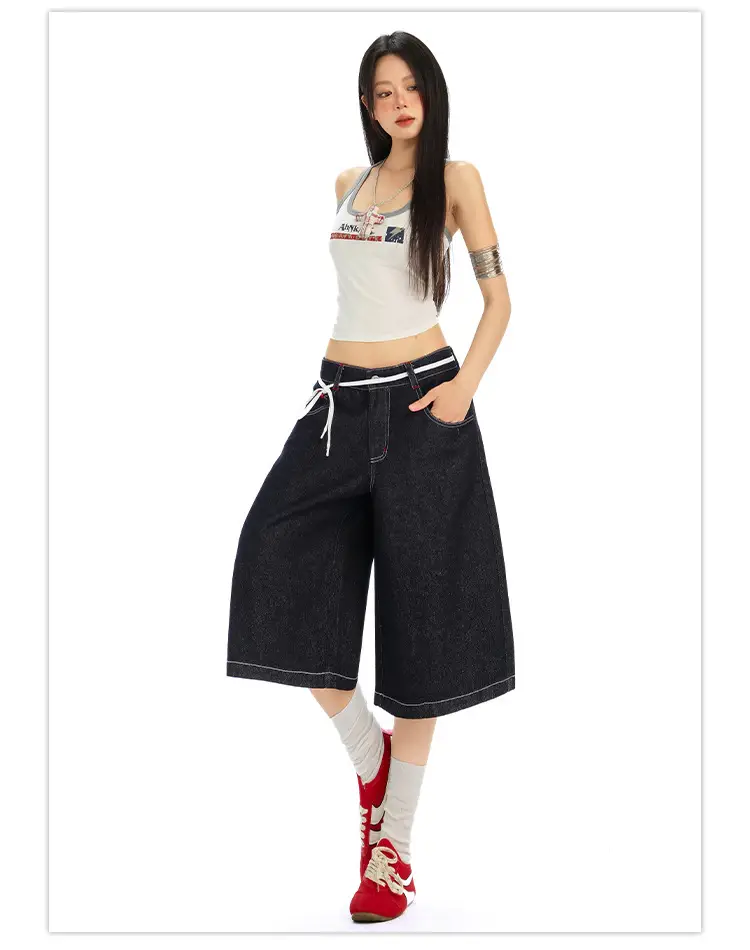 Women Retro Dark Blue Wide Leg Jeans with Hip Cover — feature 16