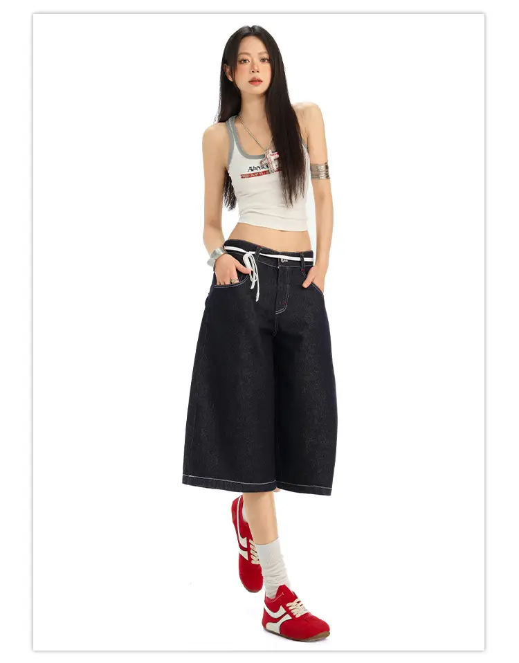 Women Retro Dark Blue Wide Leg Jeans with Hip Cover — feature 17