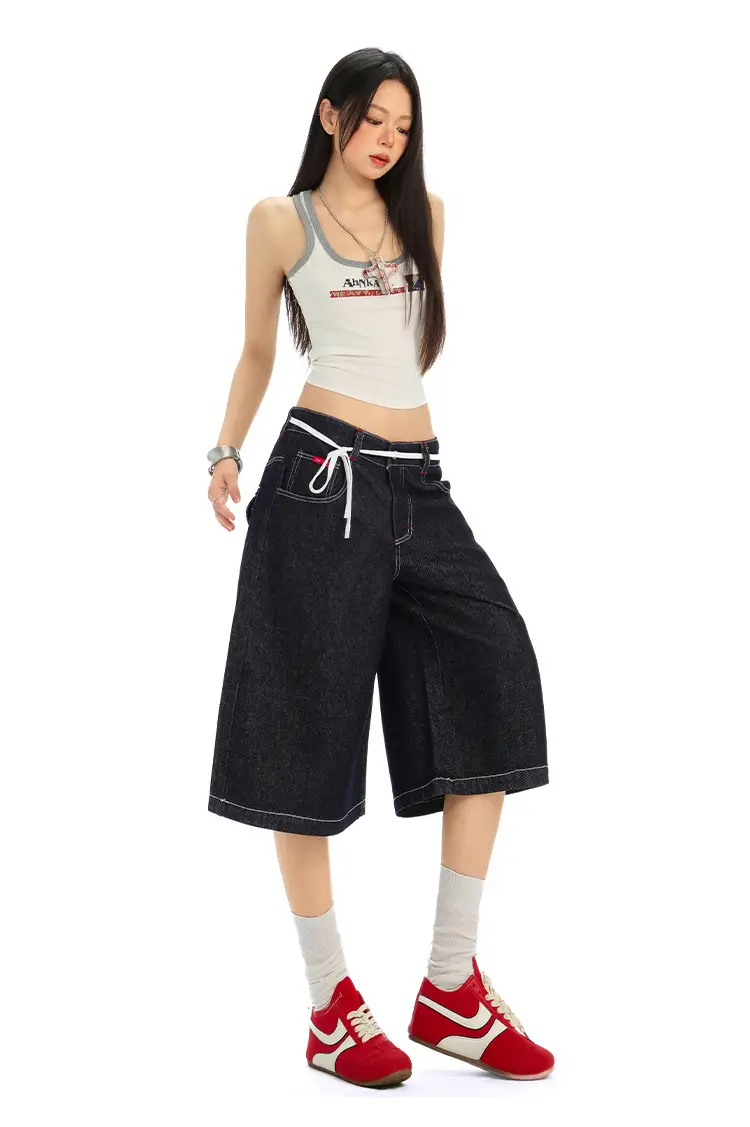 Women Retro Dark Blue Wide Leg Jeans with Hip Cover — feature 18
