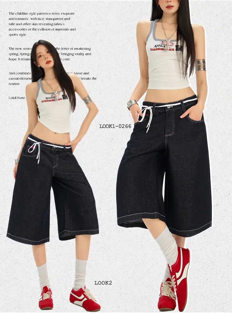 Women Retro Dark Blue Wide Leg Jeans with Hip Cover — feature 3