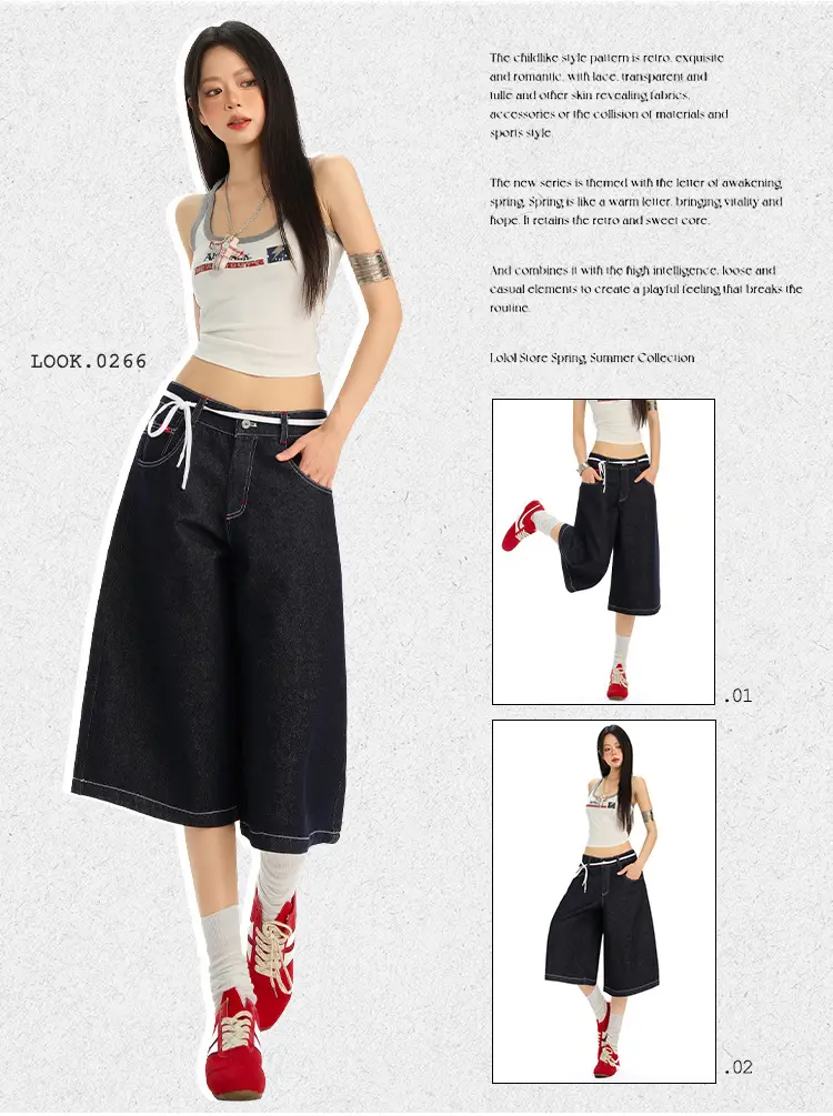Women Retro Dark Blue Wide Leg Jeans with Hip Cover — feature 4