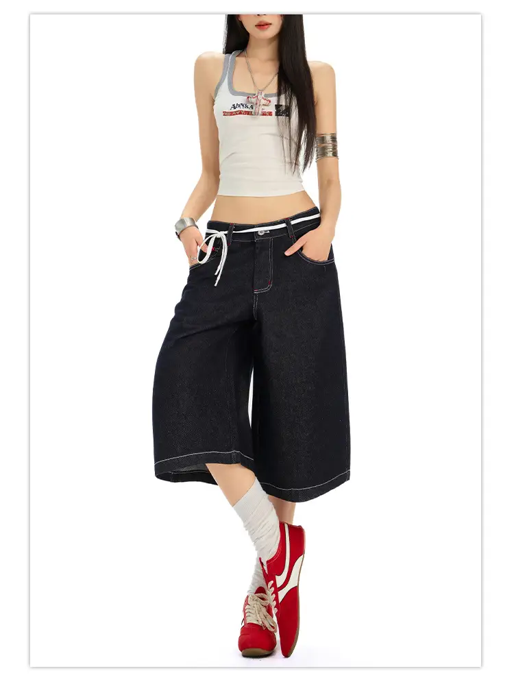 Women Retro Dark Blue Wide Leg Jeans with Hip Cover — feature 9