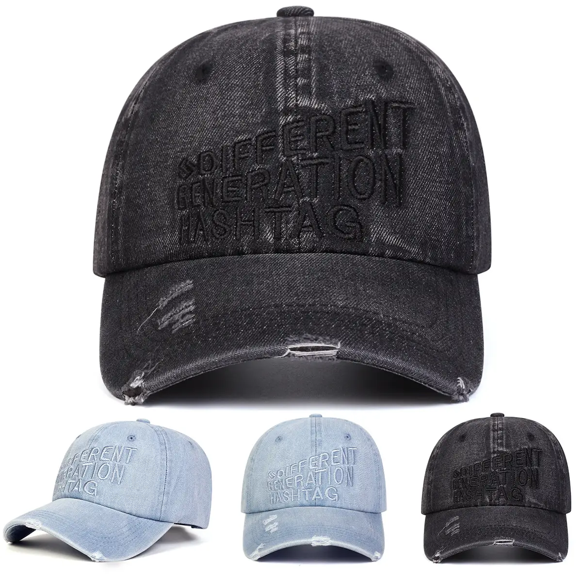 Men Sun Hat with Letter Embroidery Washed Blue — feature 1