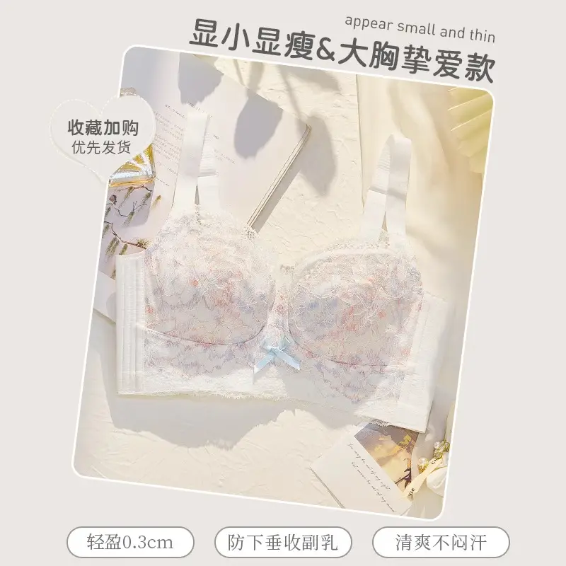 Large Bust Minimizing Bra for Women, Thin Style, Wireless, Side Breast Support, Full Cup, Plus Size, Push-Up Lace Bra