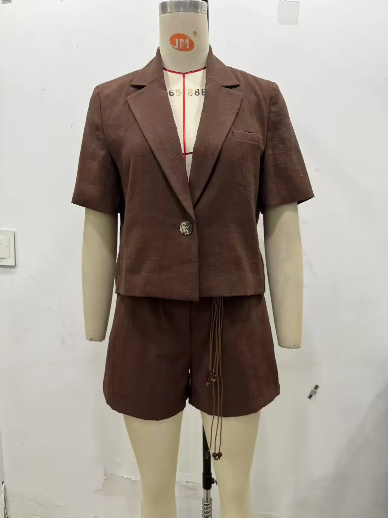 Brown Button Front Short Suit Jacket Beaded Belt Shorts Set — feature 12