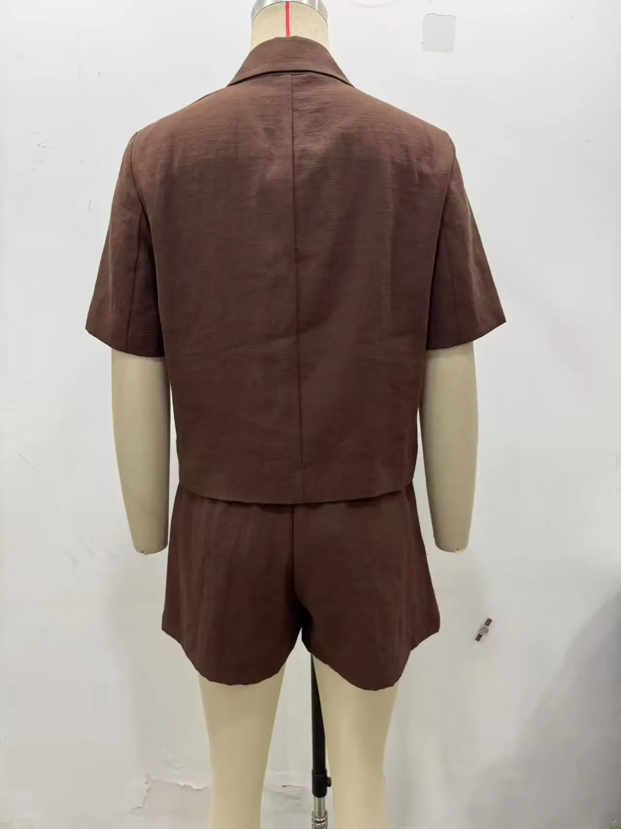 Brown Button Front Short Suit Jacket Beaded Belt Shorts Set — feature 13
