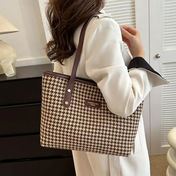 Houndstooth Shoulder Bag Women Large Capacity Leather Textured - Image 6