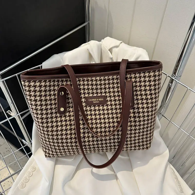 Houndstooth Shoulder Bag Women Large Capacity Leather Textured - Image 3