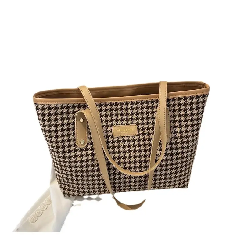 Houndstooth Shoulder Bag Women Large Capacity Leather Textured - Image 7