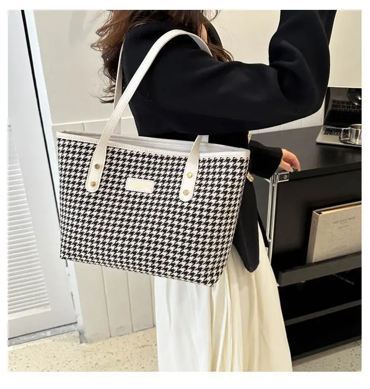 Houndstooth Shoulder Bag Women Large Capacity Leather Textured — feature 11