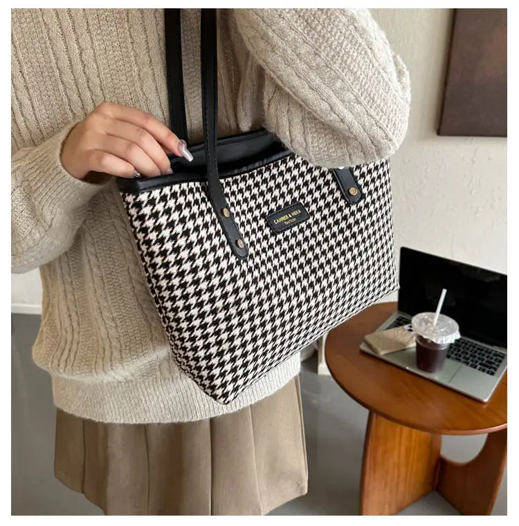 Houndstooth Shoulder Bag Women Large Capacity Leather Textured — feature 12