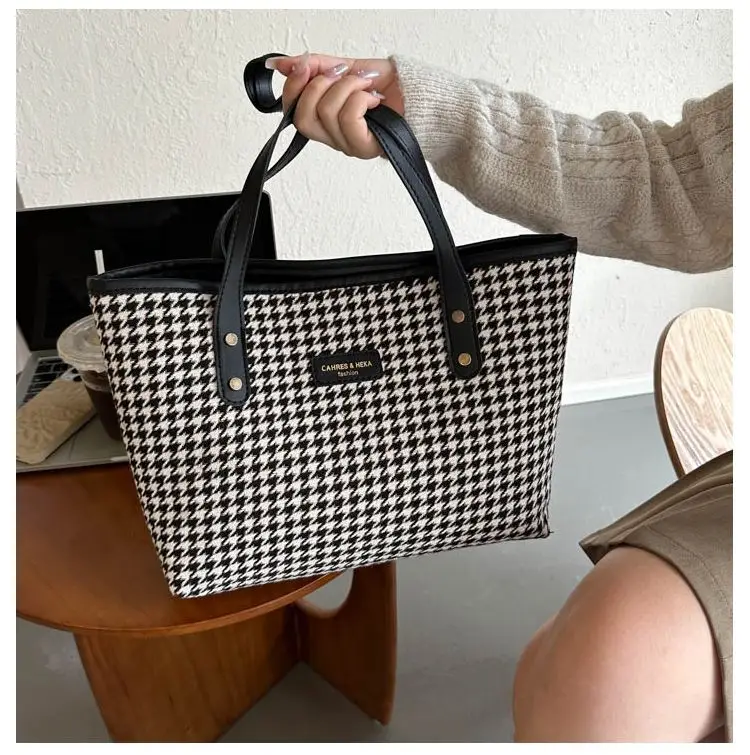 Houndstooth Shoulder Bag Women Large Capacity Leather Textured — feature 13