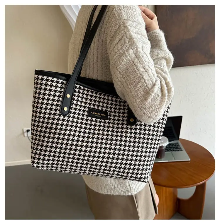 Houndstooth Shoulder Bag Women Large Capacity Leather Textured — feature 14