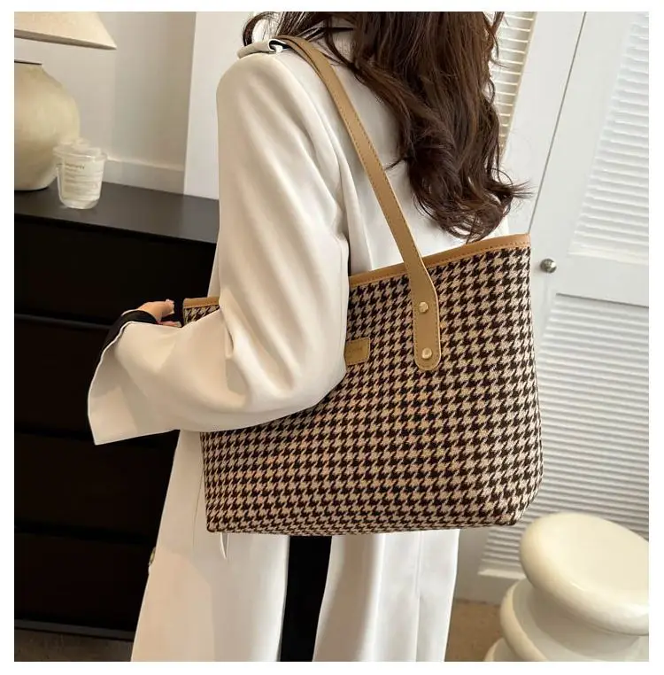 Houndstooth Shoulder Bag Women Large Capacity Leather Textured — feature 15